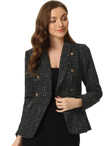 Allegra K - Plaid Double Breasted Work Tweed Jacket