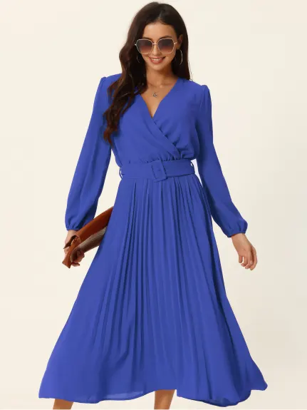 Allegra K- Pleated Puff Long Sleeve V Neck Belt Waist Midi Dress