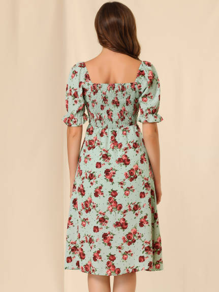 Allegra K- Square Neck Puff Sleeves Midi Smocked Floral Dress