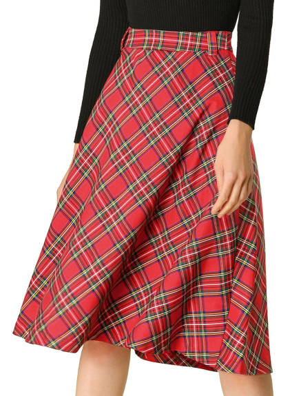 Allegra K- Plaid Tartan Belted A-Line Midi Skirt