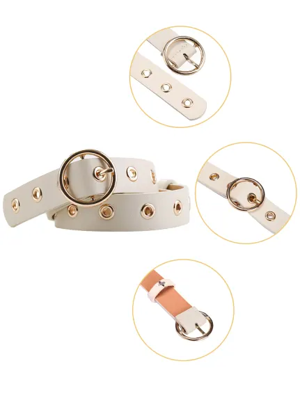 Allegra K- Studded Grommet Circle Metal Buckle Leather Belt