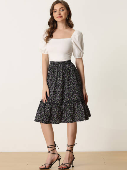 Allegra K- Ruffle Hem Tiered A-Line Floral Midi Skirt