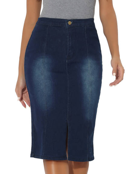 Allegra K- Elastic Waist Split Denim Pencil Skirt