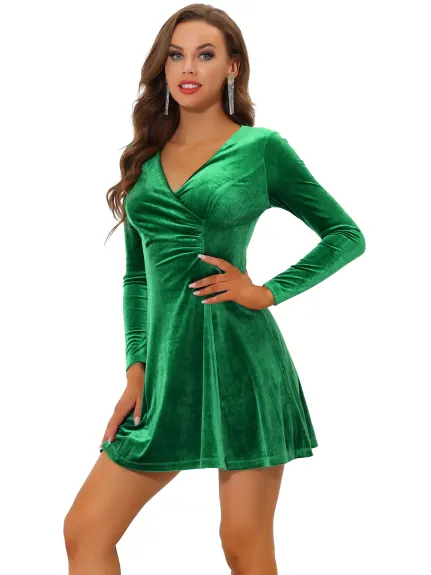 Allegra K- Velvet Wrap Long Sleeve V Neck Bodycon Ruched Dress