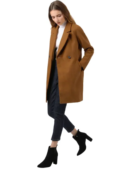 Allegra K- Double Breasted Lapel Raglan Sleeve Mid Length Overcoat