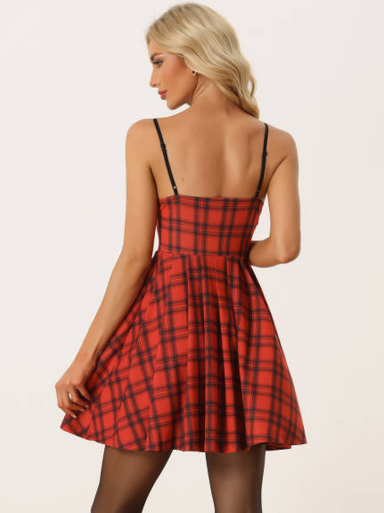 Allegra K- Plaid Spaghetti Strap Skater Dress