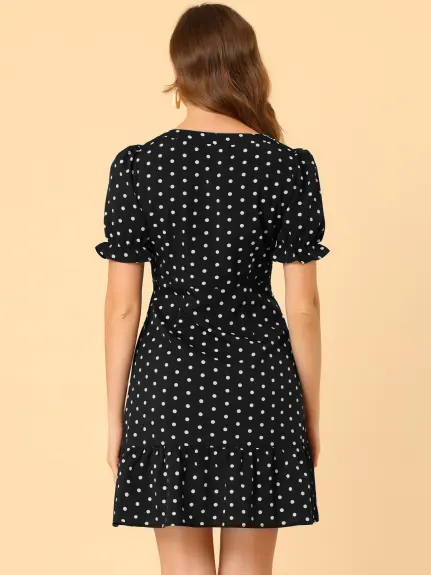 Allegra K- Sweetheart Neck Ruffled Hem Puff Short Sleeve Polka Dots Dress