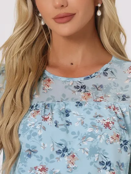 Allegra K- Blouse florale en mousseline à manches 3/4 et à volants