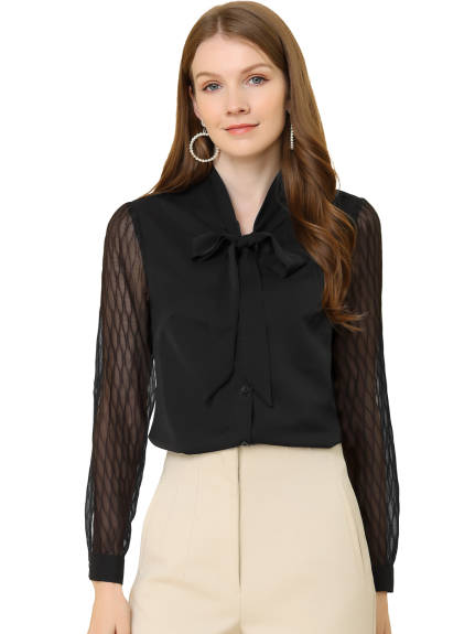 Allegra K - Lady Tie Neck Chiffon Long Sleeve Shirt