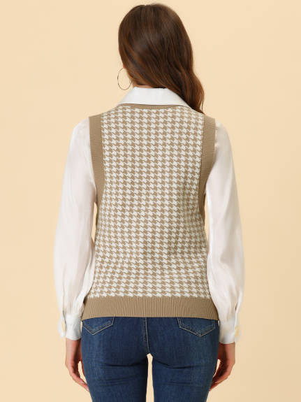 Allegra K- Round Neck Vest Sleeveless Houndstooth Plaid Sweater