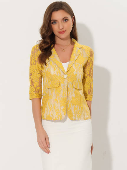 Allegra K - Floral Lace 3/4 Sleeve Casual Blazer