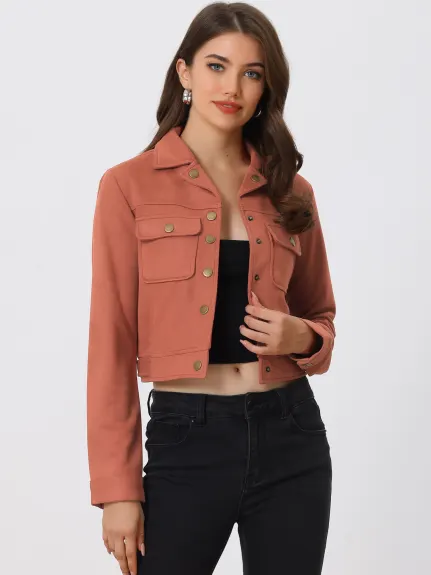 Allegra K- Faux Suede Notched Collar Button Up Cropped Jacket