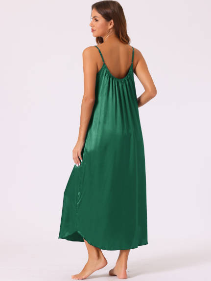 Cheibear - Satin V-Neck Sleeveless Long Nightgown