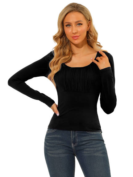 Allegra K - Scoop Neck Long Sleeves Ruched Fitted Top