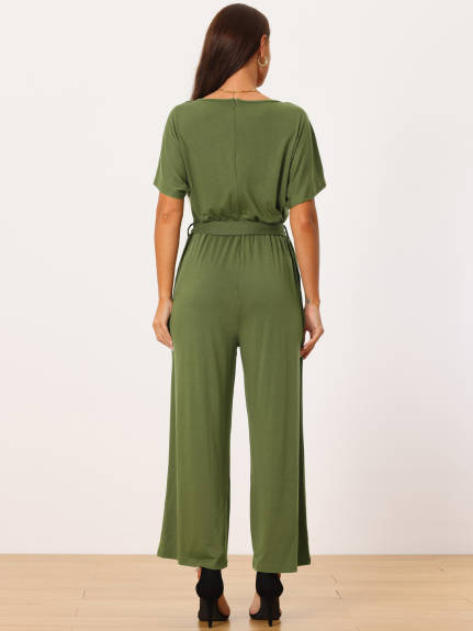 Allegra K - Crewneck Short Sleeve Belted Casual Jumpsuit