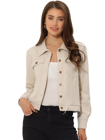 Allegra K- Faux Suede Point Collar Button Up Biker Moto Jacket