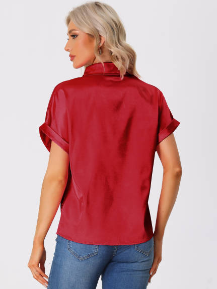 Allegra K - Satin Button Down Short Sleeves Shirt