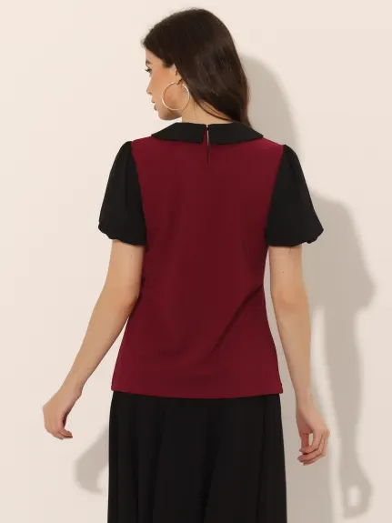 Allegra K- Peter Pan Collar Contrast Puff Top