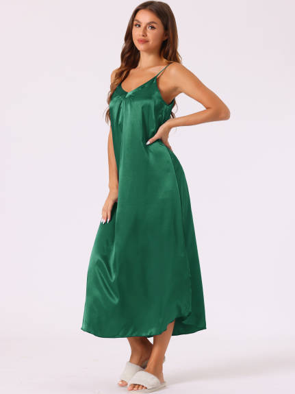 Cheibear - Satin V-Neck Sleeveless Long Nightgown