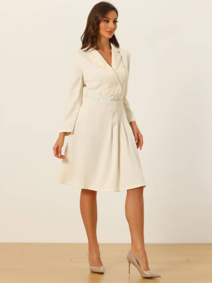 Allegra K- Elegant Notched Collar Belted Pleated Dress