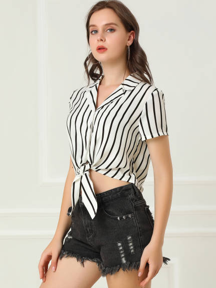 Allegra K- Striped Short Sleeve Tie Front Crop Shirt