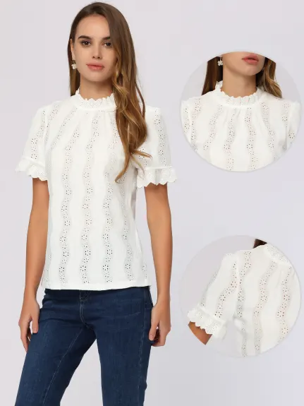 Allegra K- Crochet Mock Neck Puff Sleeve Blouse