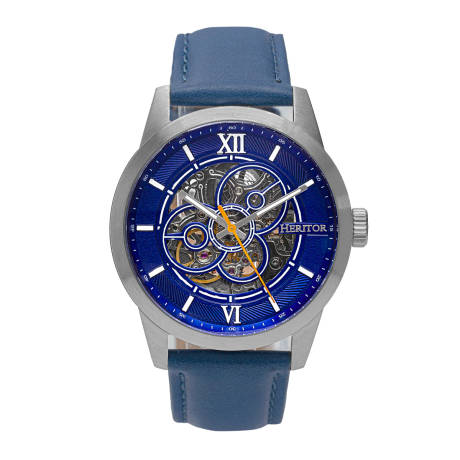 Heritor Automatic - Jonas Leather-Band Skeleton Watch - Silver/Blue