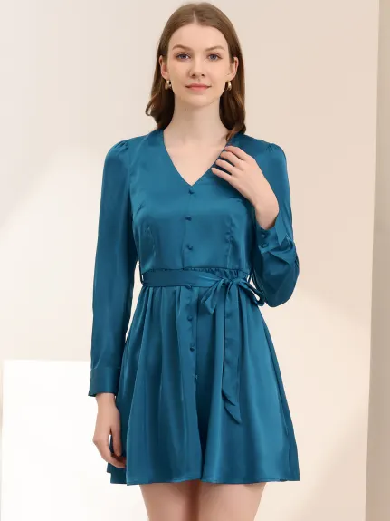 Allegra K- Elegant Satin V Neck Belted A-Line Dress