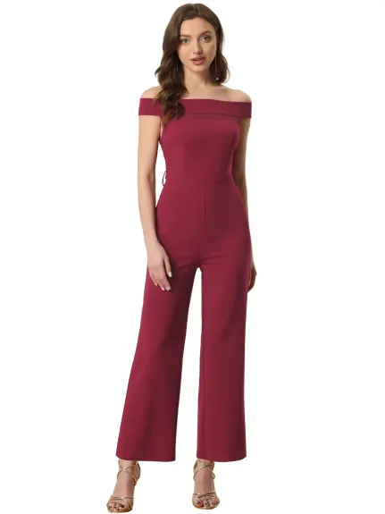 Allegra K - Elegant Off-Shoulder Belted Long Jumpsuit