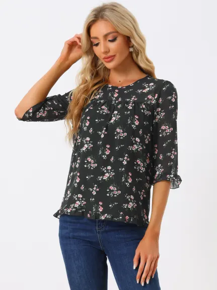 Allegra K- Blouse florale en mousseline à manches 3/4 et à volants