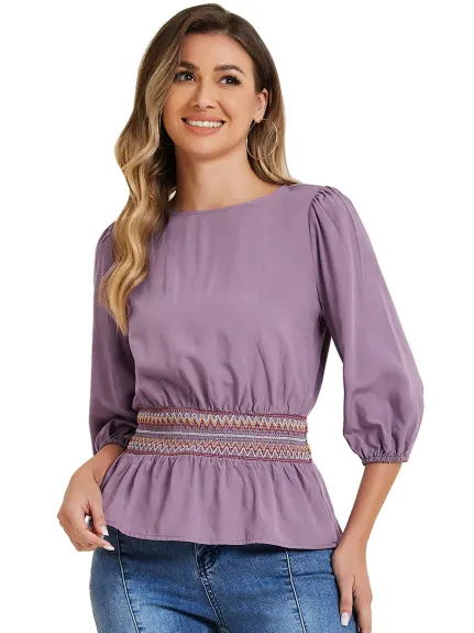 Allegra K- Peplum 3/4 Sleeve Smocked Waist Blouse