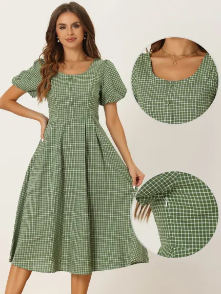 Allegra K - Summer Button Decor Plaid Pleated Dress
