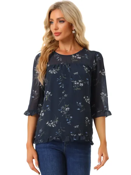 Allegra K- Blouse florale en mousseline à manches 3/4 et à volants