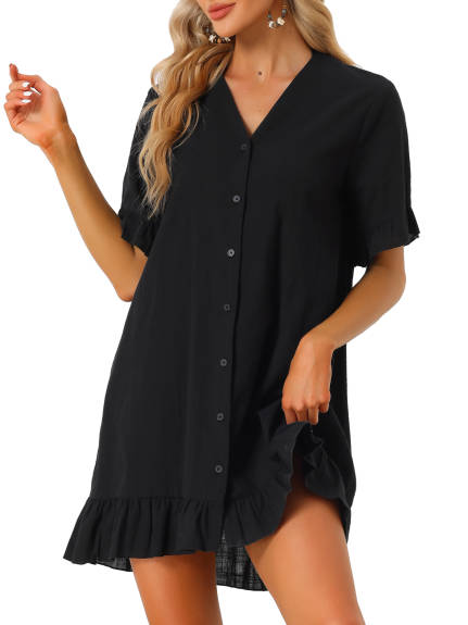 Allegra K- Swimwear Beach Button Down Shirtdress Ruffle Hem Cover Ups