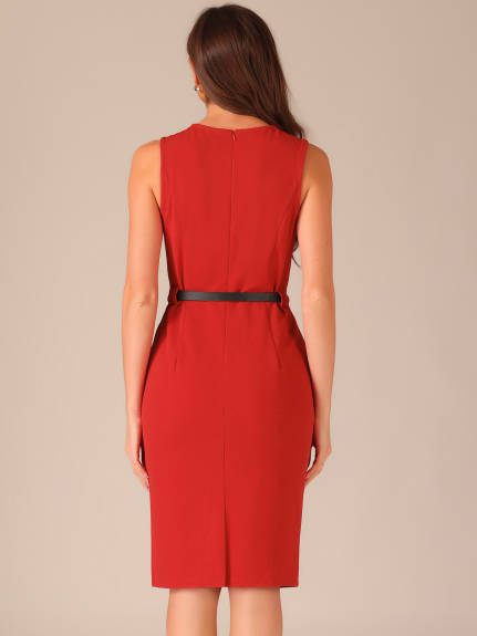 Allegra K - Round Neck Belted Sleeveless Sheath