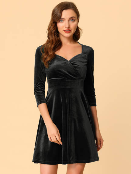 Allegra K- Sweetheart Neck 3/4 Sleeves Fit Velvet Dress