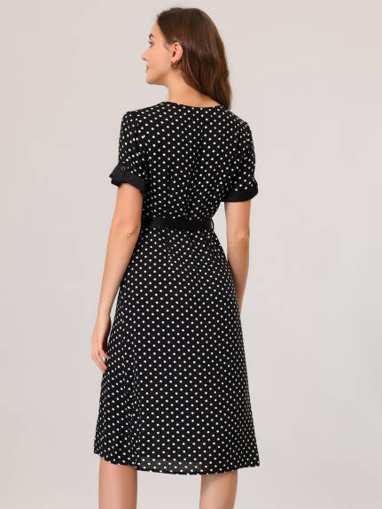 Allegra K- V Neck Polka Dots Button Decor Split Belted Dress