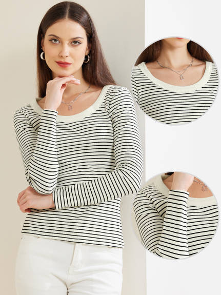 Allegra K - Stripe Scoop Neck Long Sleeve Casual Top