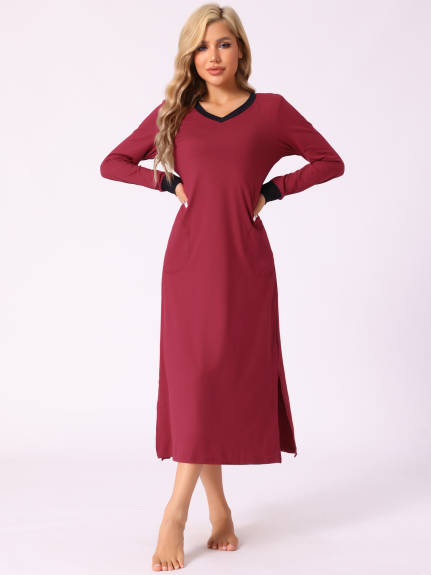 Cheibear - Long Sleeve V Neck Nightgown with Pockets