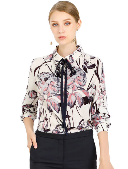 Allegra K- Tie Neck Floral Point Collar Blouse