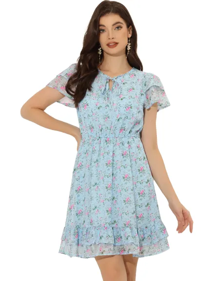 Allegra K- Ruffle Sleeve Self-Tie V Neck A-Line Floral Chiffon Dress