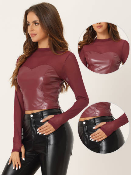 Allegra K- Mock Neck Faux Leather Mesh Sheer Long Sleeve Top