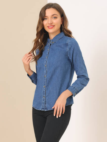 Allegra K- Long Sleeve Button Down Jean Denim Shirt