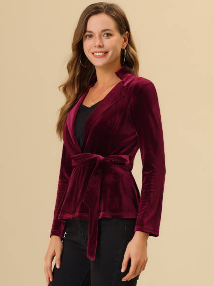 Allegra K- Velvet Belted Lapel Collar Blazer Jacket