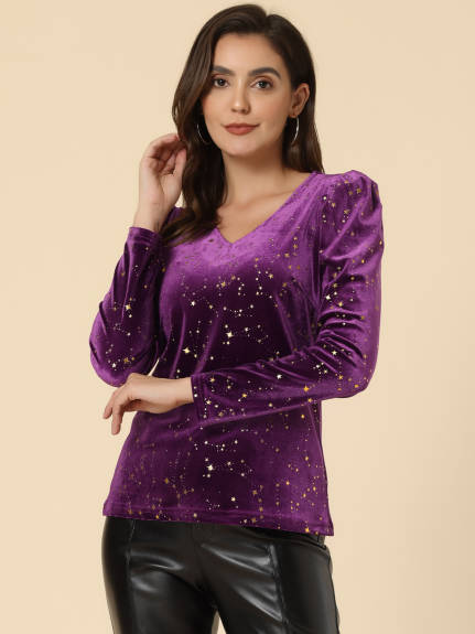 Allegra K- Velvet V-Neck Long Sleeve Shiny Stars Top