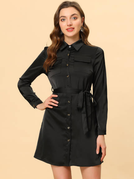 Allegra K- Button Down Satin Shirt Dress