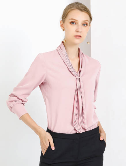 Allegra K- Chiffon Pleated Tie Neck Blouse Shirt