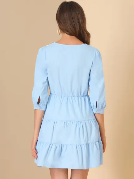 Allegra K- Lace Collar Half Placket Cotton Tiered Dress