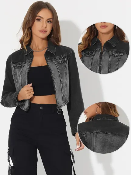 Allegra K- Washed Cropped Denim Jean Jackets