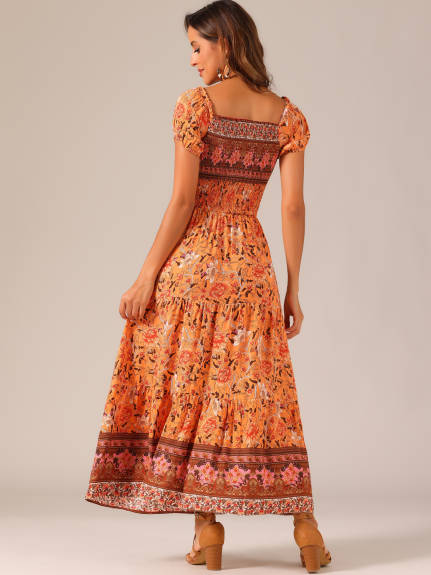 Allegra K- Boho Off-Shoulder Floral Smocked Dress